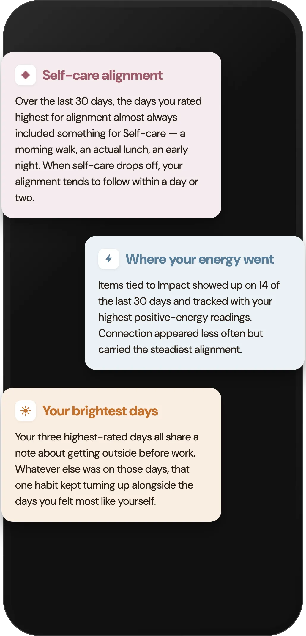 Screenshot of Insights cards in APPA showing patterns in self-care, energy, and daily highlights
