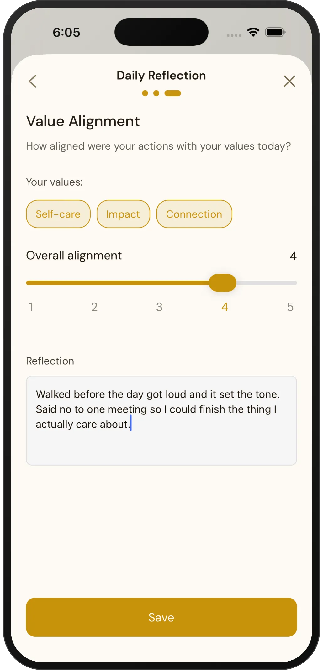 APPA daily reflection screen for reviewing value alignment