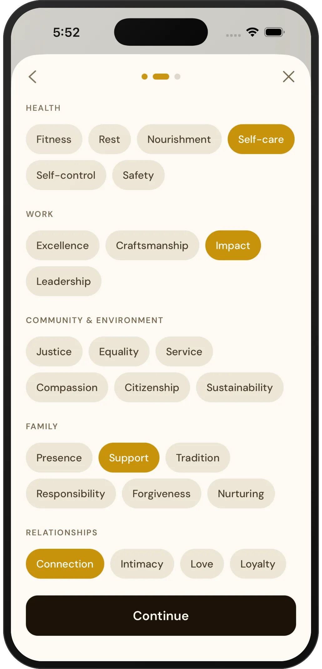 APPA screen for choosing personal values