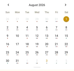 Calendar for August 2026 showing a few days of missed reflections on August 10, 17 and 30.