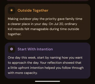 Two narrative insights from July 2026 saying, 'Making outdoor play the priority gave family time a clearer place in your day. On July 20, ordinary kid moods felt more manageable during time outside together.' And 'One day this week, start by naming how you want to approach the day. Your reflection showed that a little upfront intention helped you follow through with more capacity.'